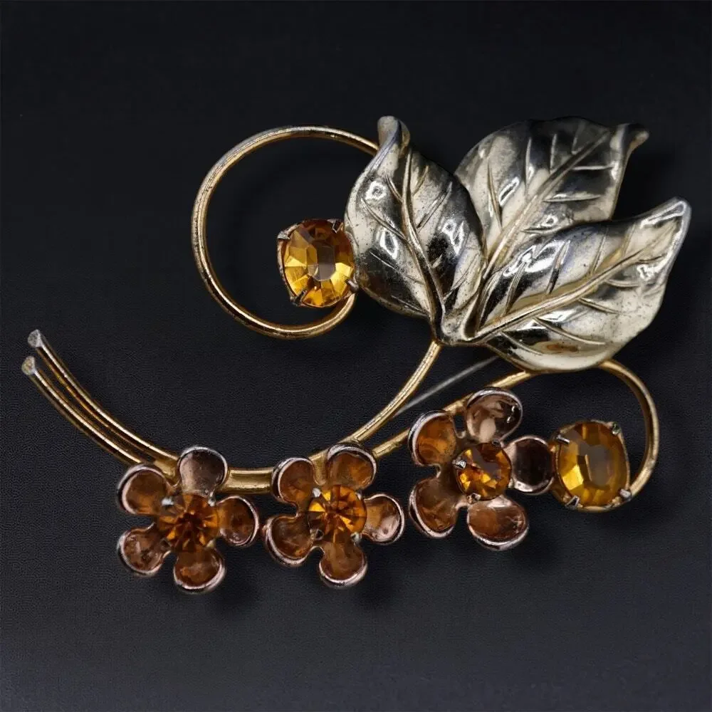 Vintage Sterling Silver Vermeil Flower Floral Spray Brooch Rhinestone Pin‎ 3